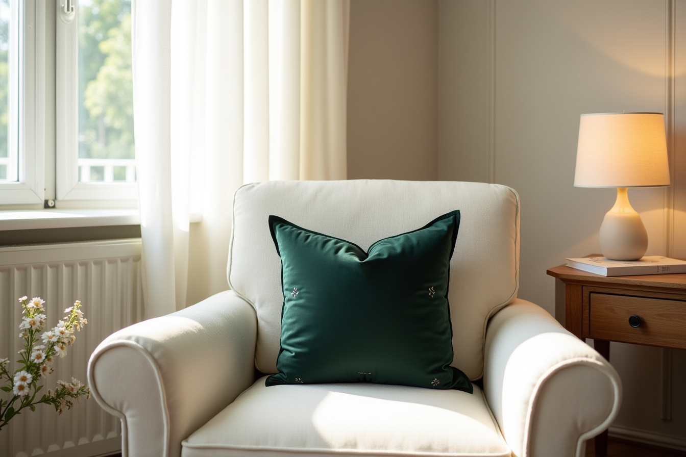 Dark green embroidered velvet pillow displayed on a cream linen armchair with soft window light emphasizing its texture.