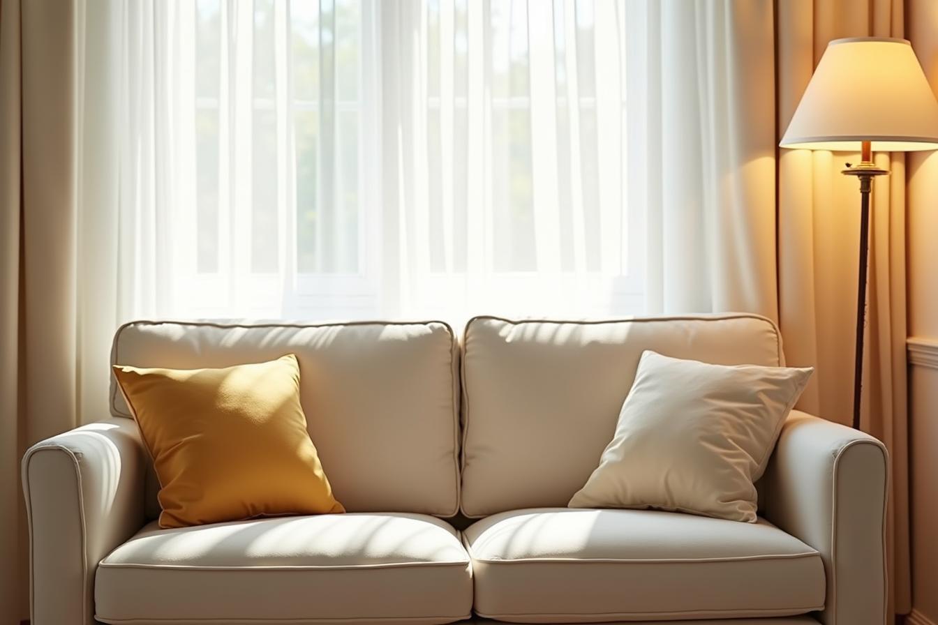 Two small muted gold and cream pillows nestled in the corners of a compact apartment loveseat.