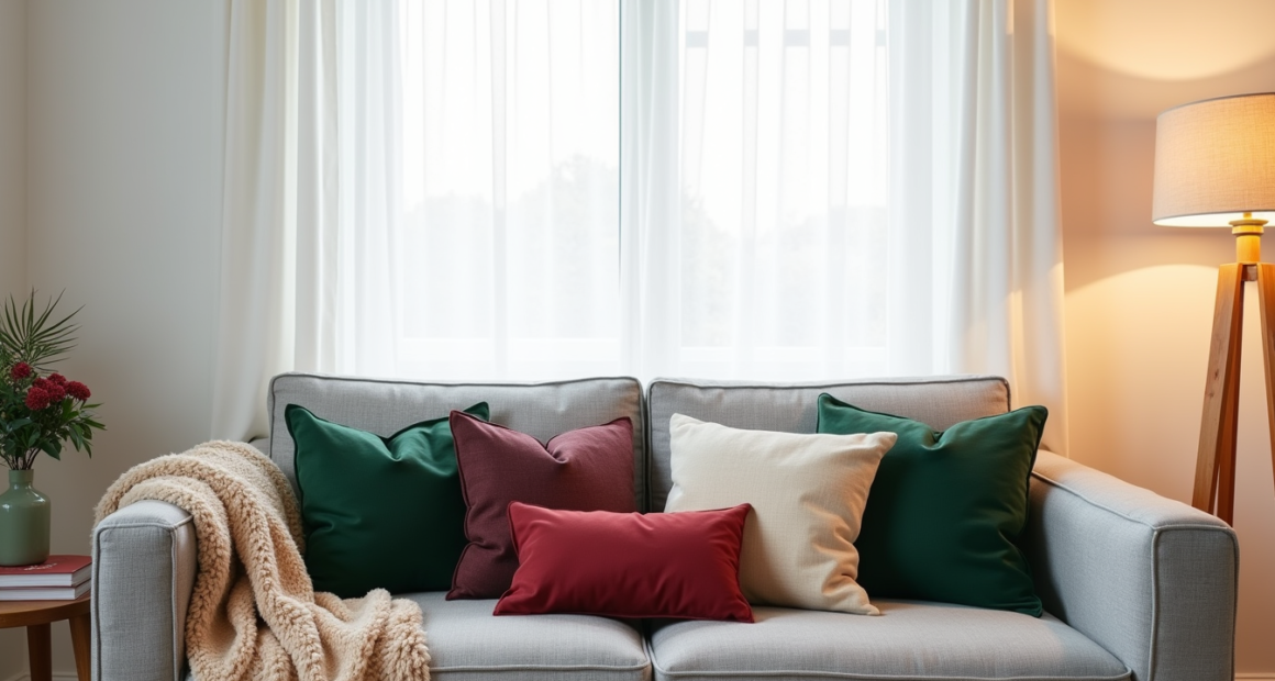 Five Christmas throw pillows in green, burgundy, cream, and gold arranged on a modern gray sofa against a white wall.