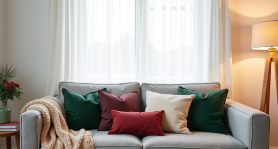 Five Christmas throw pillows in green, burgundy, cream, and gold arranged on a modern gray sofa against a white wall.