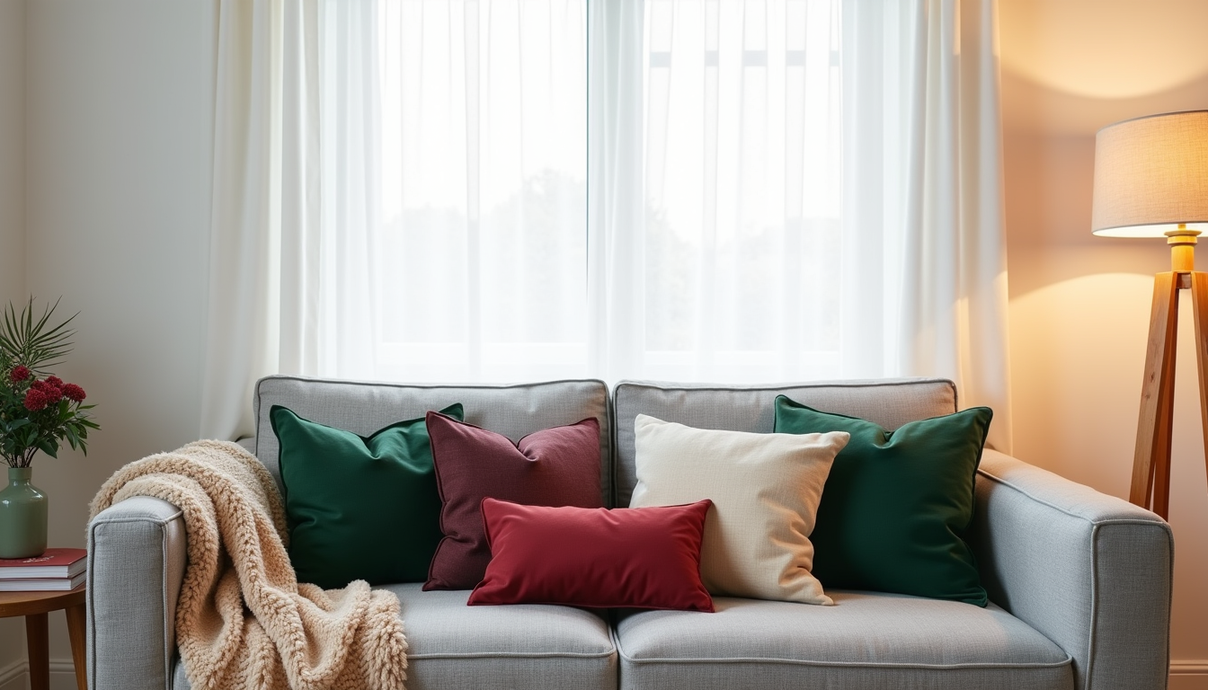 Five Christmas throw pillows in green, burgundy, cream, and gold arranged on a modern gray sofa against a white wall.
