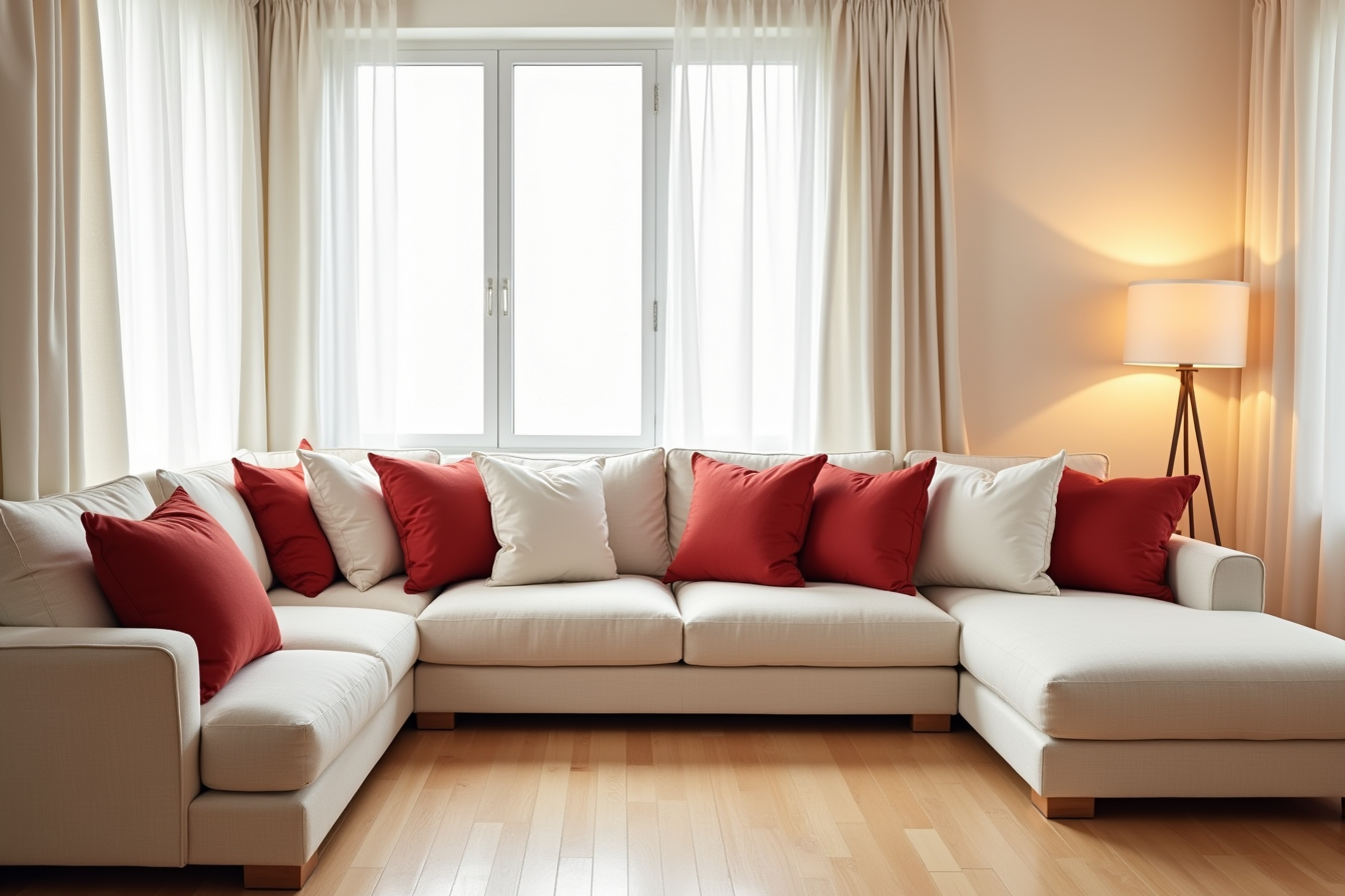 Four oversized pillows in deep red and cream arranged across a large L-shaped sectional filling the furniture.