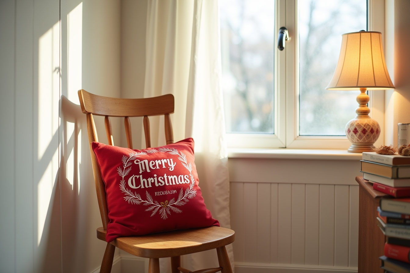 Red Christmas pillow with pine-branch graphics and wording leaning against a wooden ladder-back chair on shiplap walls.