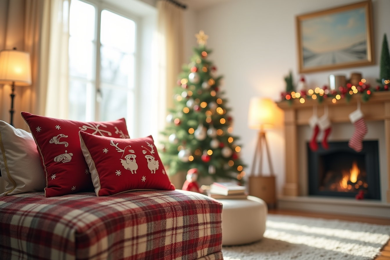 Red pillow with Santa, reindeer, and snowman graphics displayed on a plaid ottoman with a Christmas tree softly visible