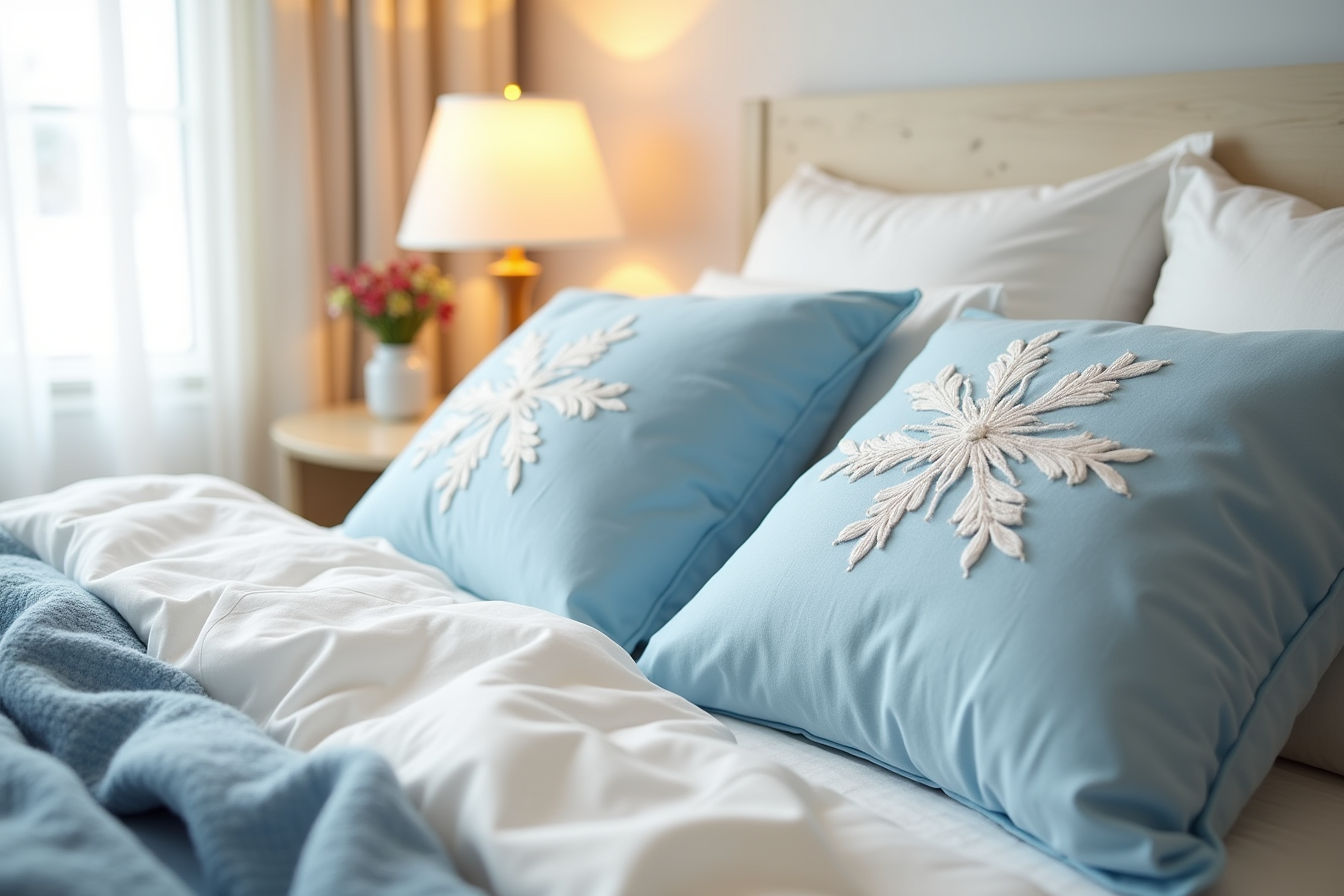 Two soft blue and white pillows with raised snowflake embroidery displayed on a linen bed headboard in natural morning light.