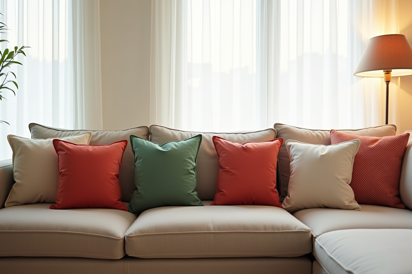 Four coordinated square pillows in red, green, and neutral tones arranged across a taupe sectional sofa.