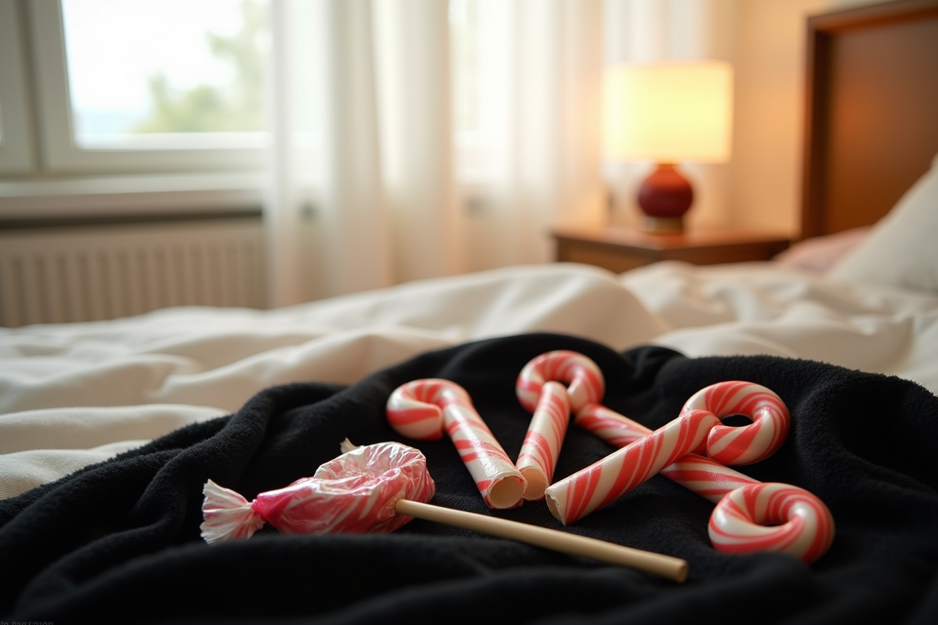 Candy-shaped ornaments like lollipops and candy canes scattered on black velvet cloth, photographed from above.