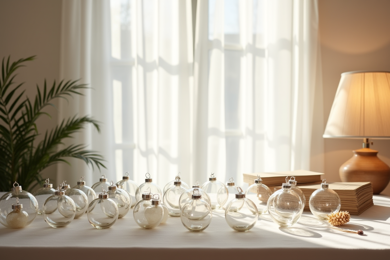 Twenty-five clear glass ornaments arranged in rows on a craft table with hooks, wire, and cardstock supplies visible.