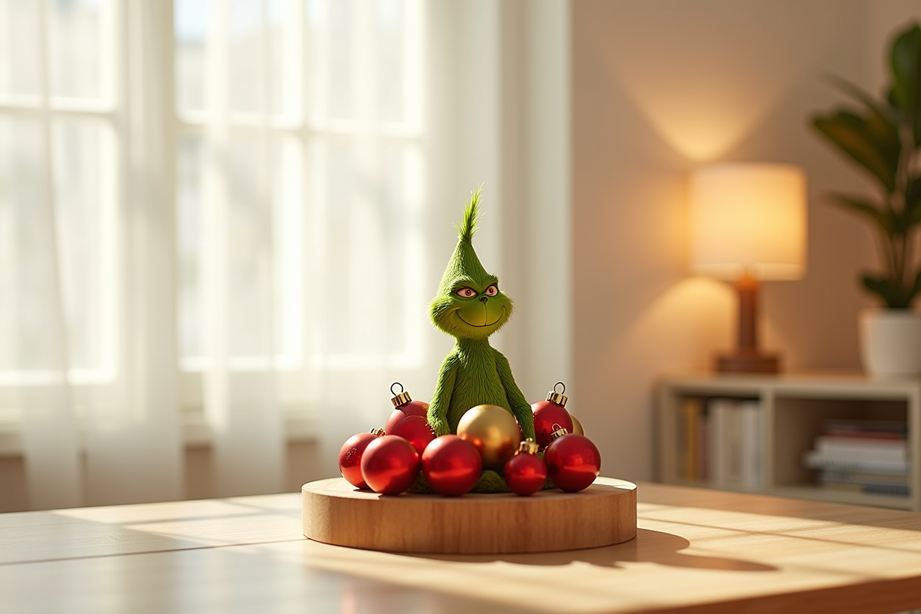 A Grinch character ornament on a wooden stand surrounded by red and gold baubles.