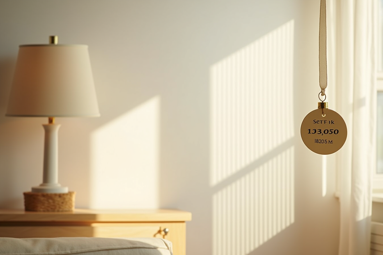 A personalized dated ornament hanging from a cream ribbon displayed against a neutral wall.