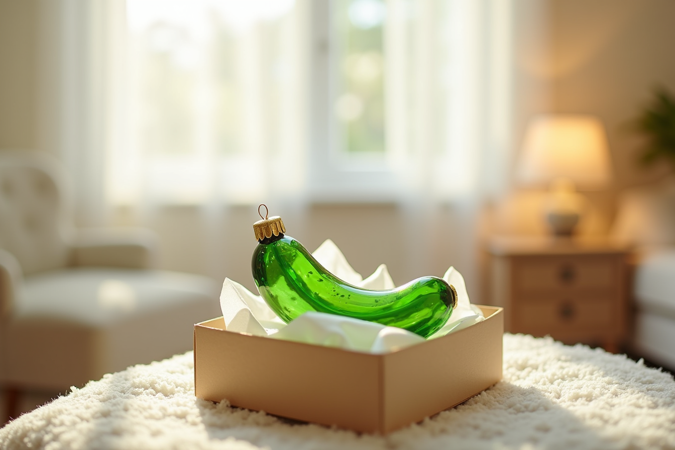 A bright green pickle-shaped ornament nestled in white tissue paper inside an open gift box.