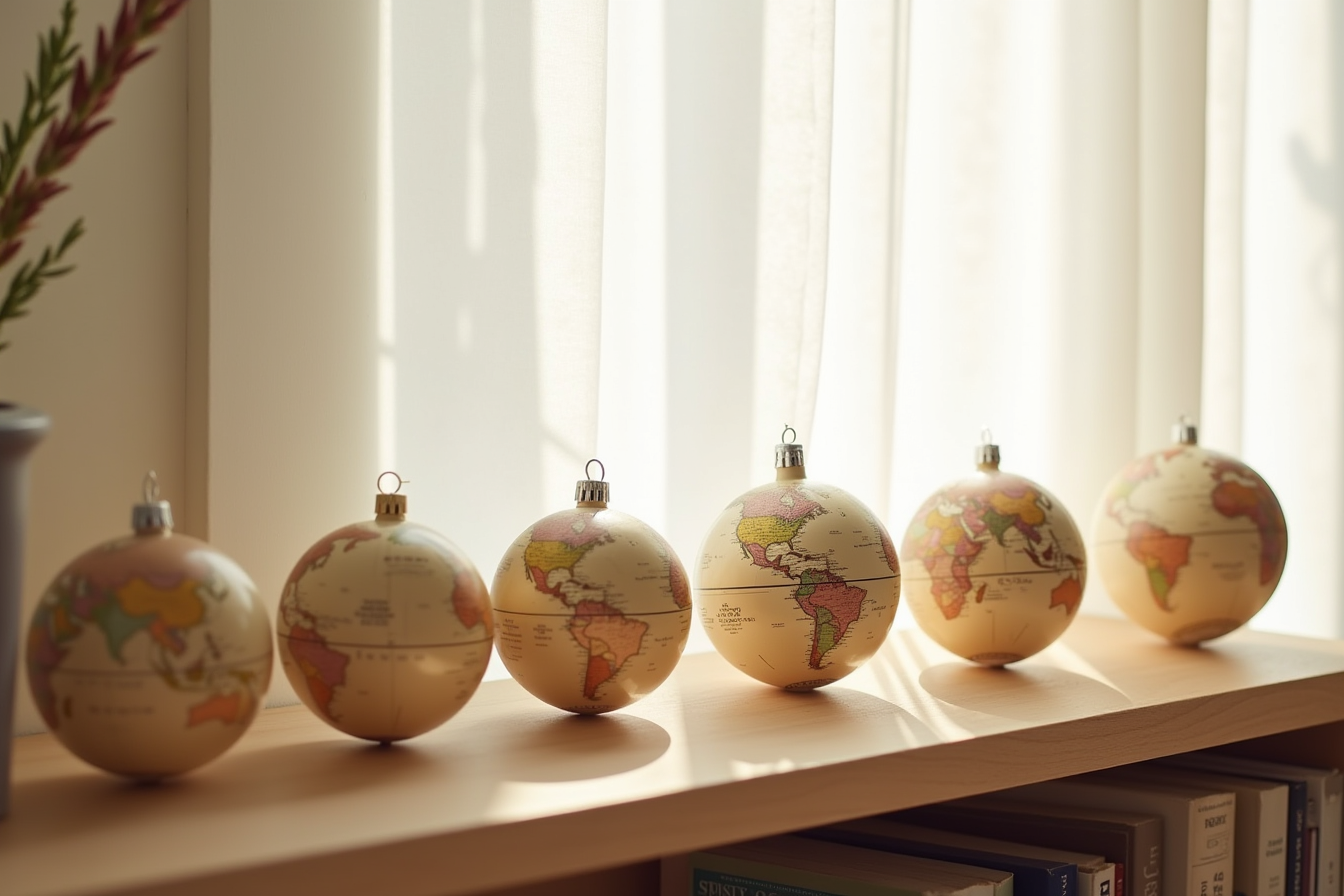 Five to seven planet globe ornaments arranged on a wooden shelf with side lighting highlighting surface textures and colors.