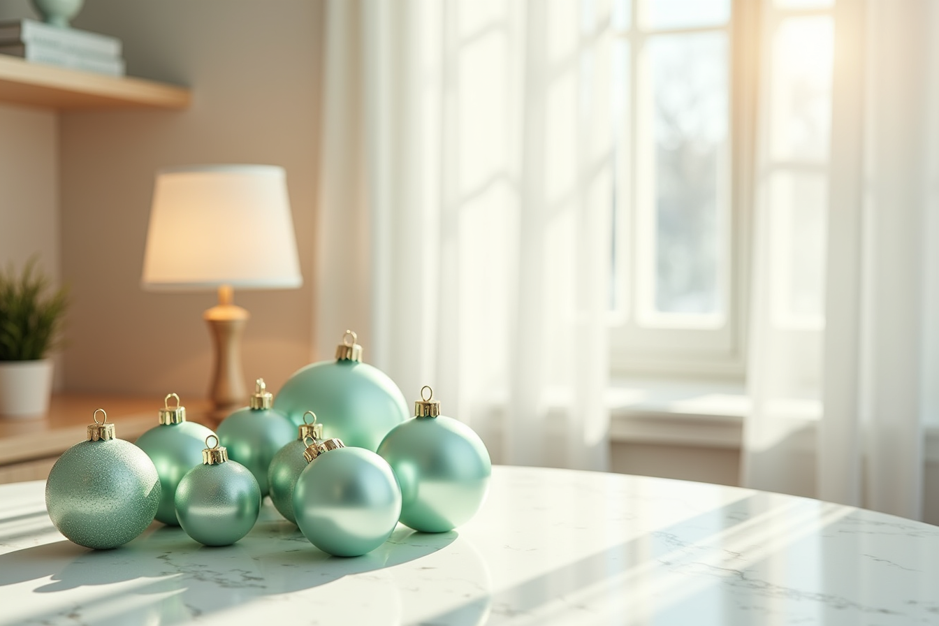 Graduated seafoam green glass ornaments arranged on white marble with soft shadows, one ball positioned to show depth.