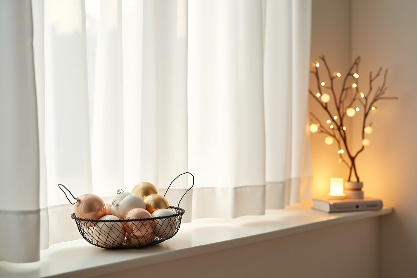 Small ornaments packed in a wire basket photographed at eye level with a thin branch visible behind for scale.