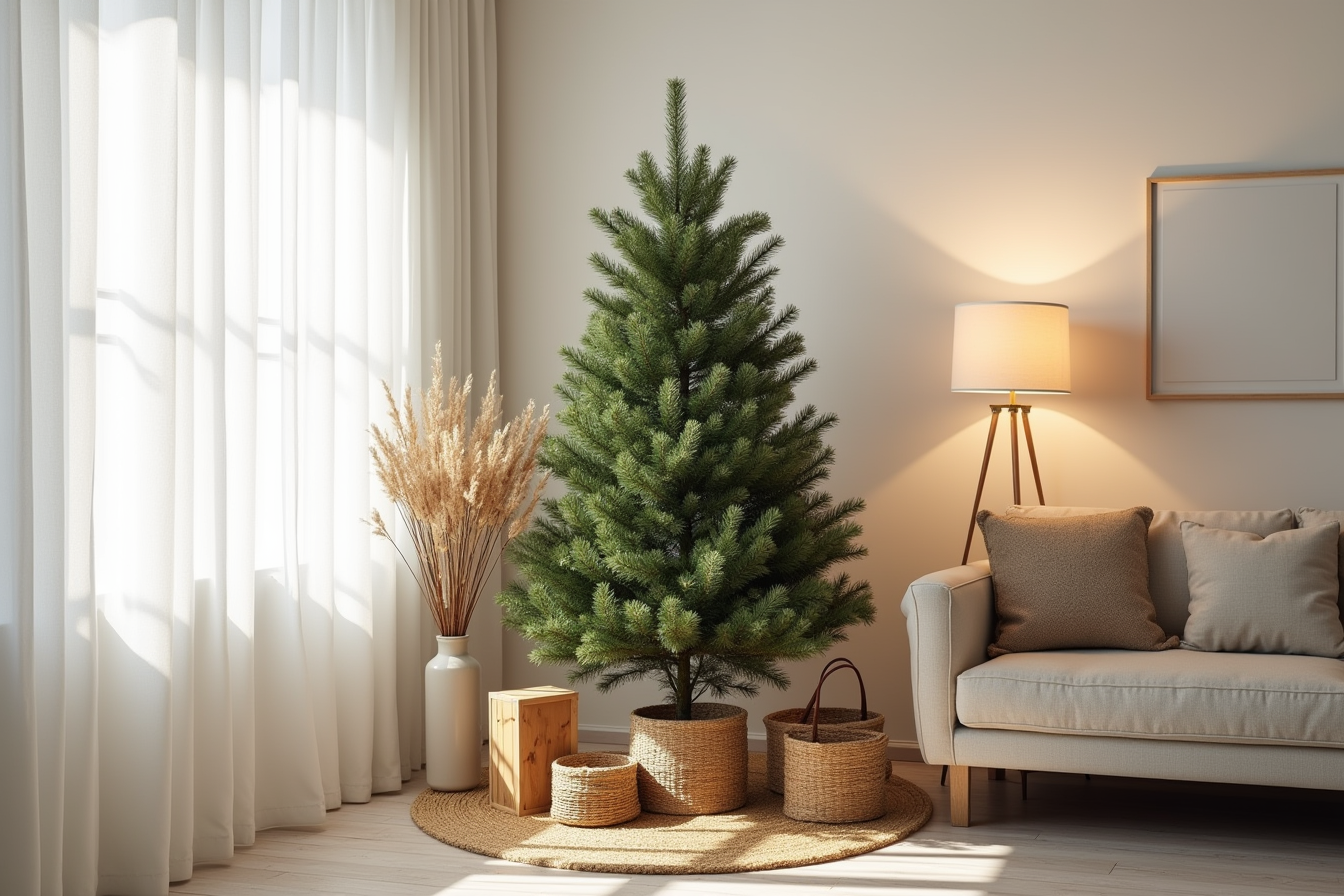 A rustic evergreen on a burlap skirt is surrounded by wooden crates, dried branches, and a woven basket.