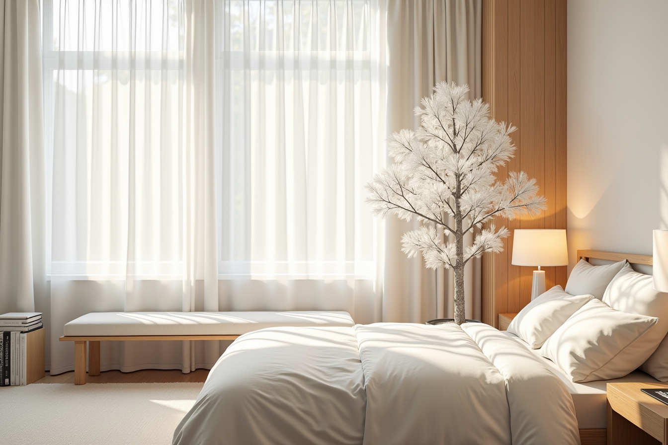 A white frosted tree with metallic accents rests on a cream skirt in a bedroom alcove with a low bench nearby.