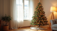 A decorated Christmas tree with warm lights and ornaments stands in a corner, its skirt meeting the hardwood floor below.