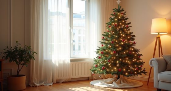 A decorated Christmas tree with warm lights and ornaments stands in a corner, its skirt meeting the hardwood floor below.
