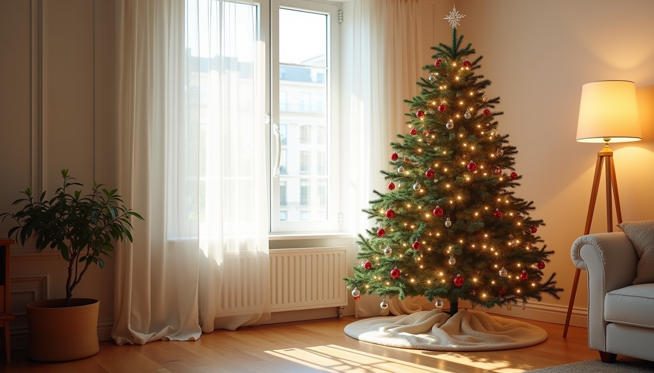 A decorated Christmas tree with warm lights and ornaments stands in a corner, its skirt meeting the hardwood floor below.
