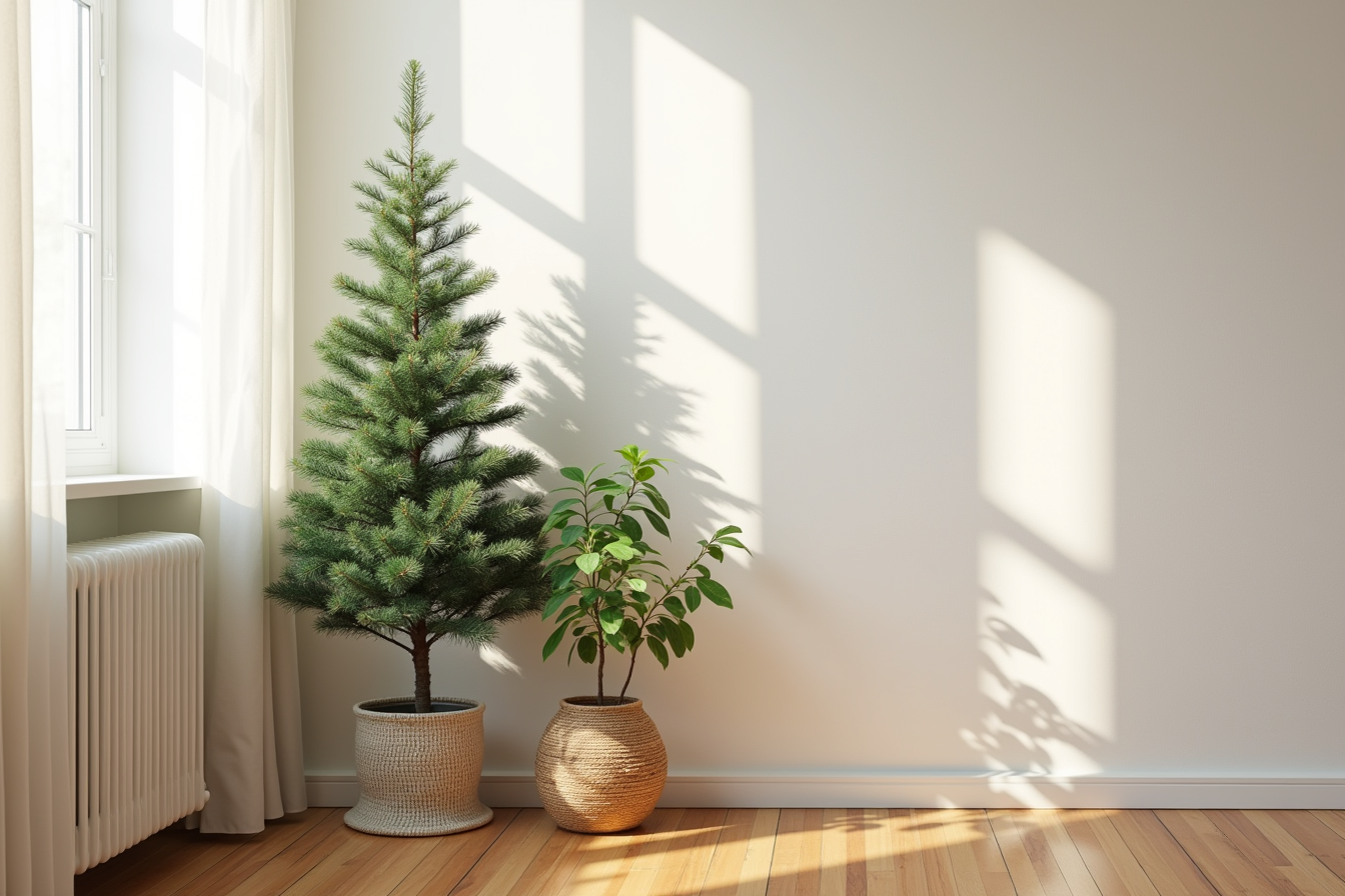 A slim evergreen with a knit skirt occupies a corner with a decorative basket and potted plant on hardwood flooring.