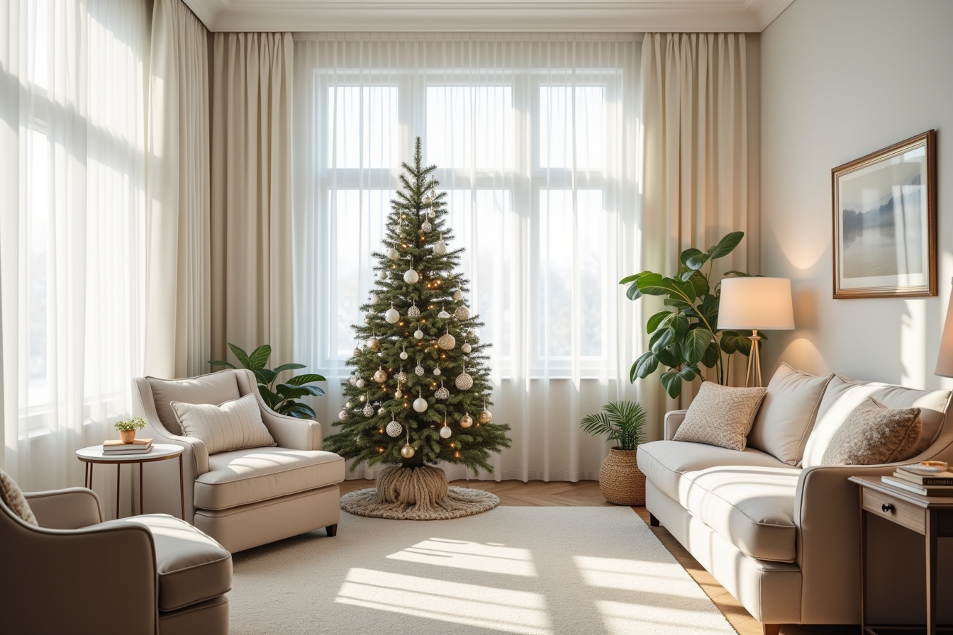 A slim tree on a patterned skirt sits beside a wingback chair and side table with a candle nearby.