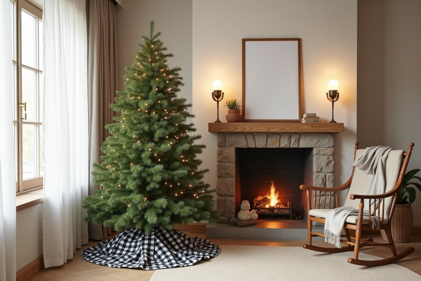 A green tree on a black and white checked skirt sits with a rocking chair and plaid blanket beside a stone fireplace.