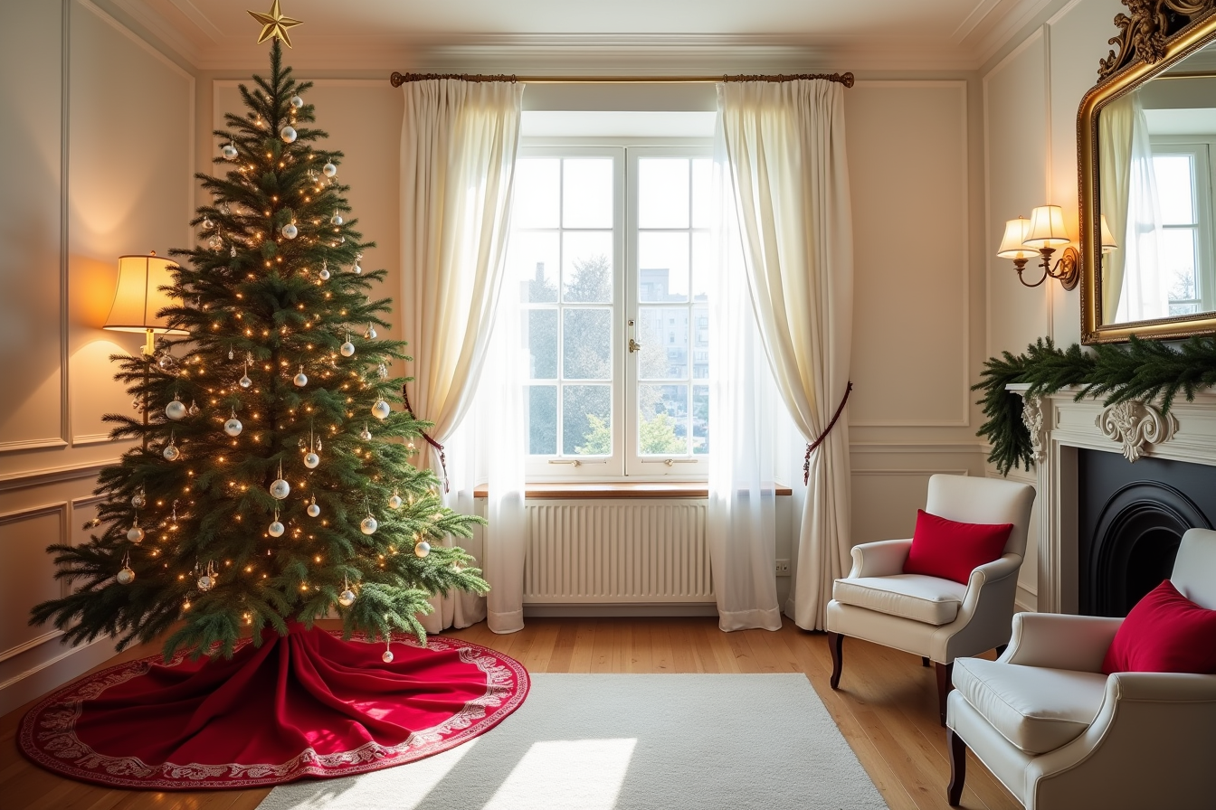 A red and white decorated tree on a red and white skirt stands before a gold-framed mirror and mantel swag.