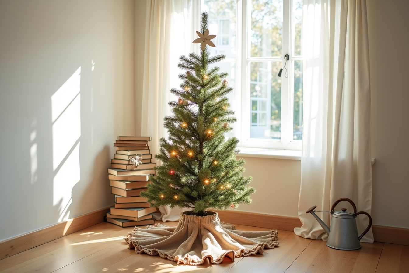 A tree on a ruffled burlap skirt stands with a vintage watering can and wooden signs in a cottage setting.