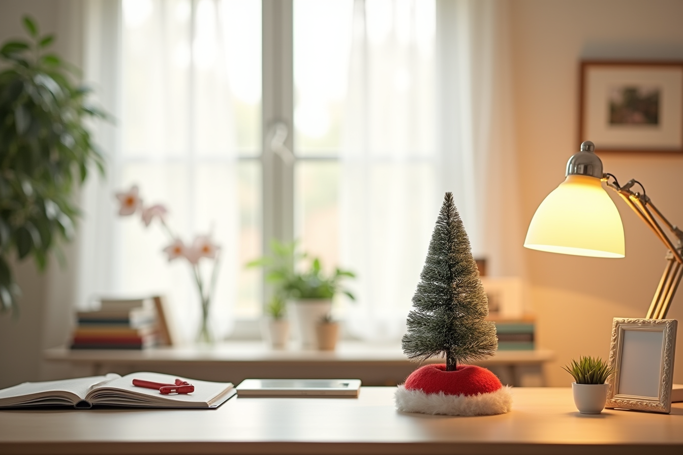 A small tabletop tree with a red and white mini skirt sits on a desk next to a lamp and framed photo.