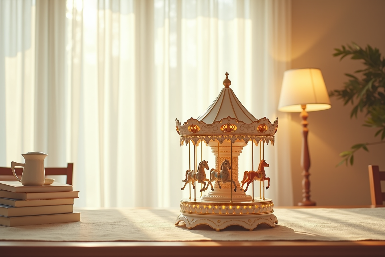 Eighteen-inch tall animated carousel with rotating mechanism and internal lighting displayed as a centerpiece on a dining