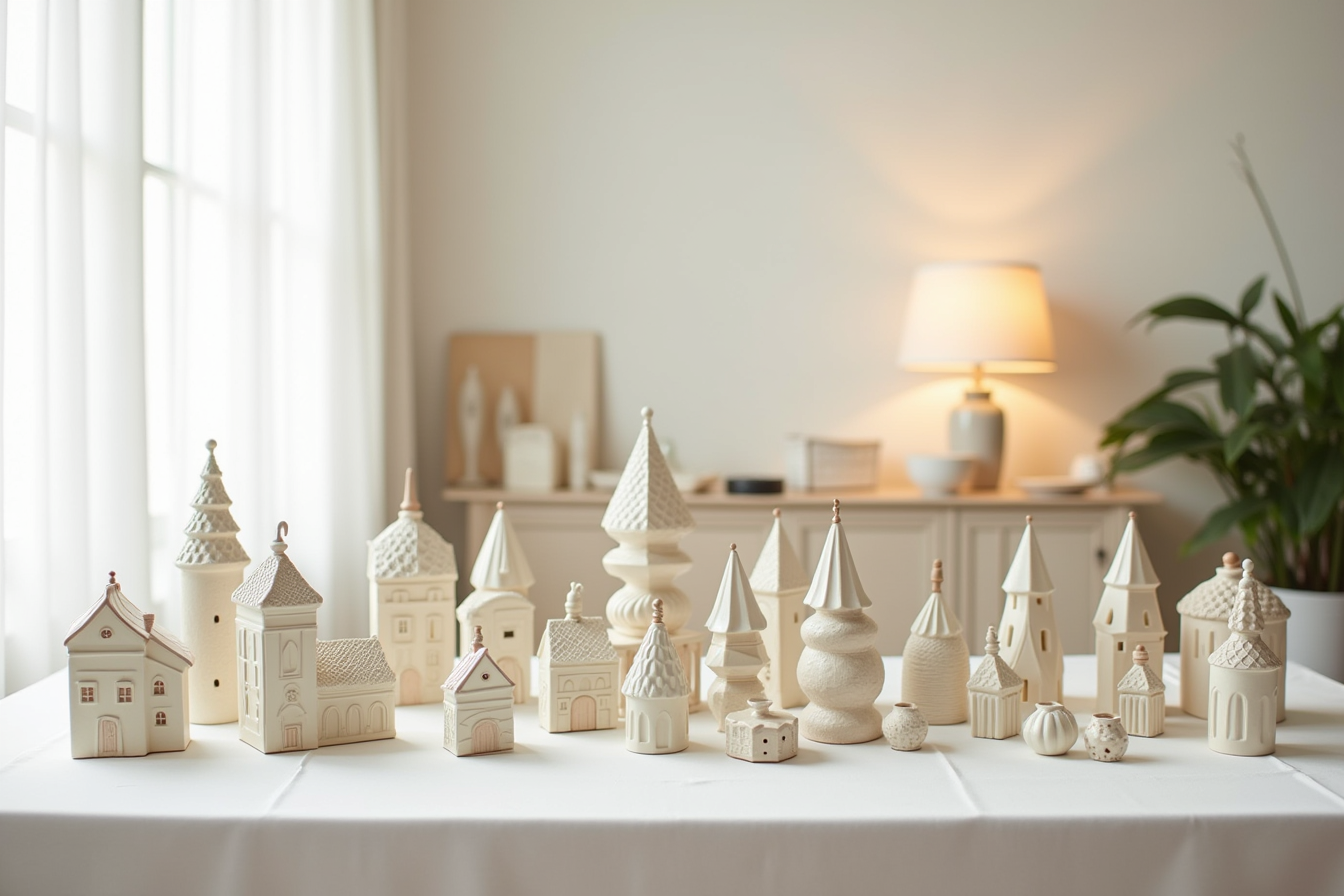Twenty ceramic village pieces including buildings, trees, and figurines clustered across a white tablecloth-covered table