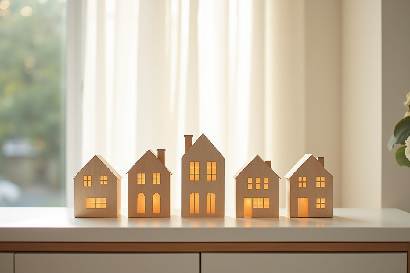 Four wooden buildings with lit windows arranged in a single row on a console table against a pale wall.