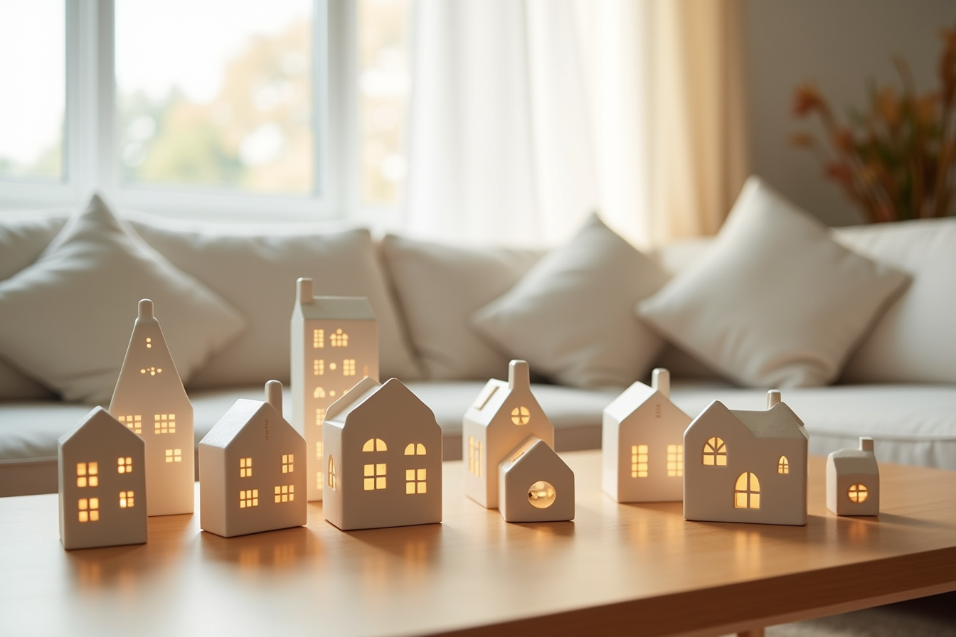 Nine ceramic village houses with four buildings glowing from wireless LED lights arranged on a coffee table.