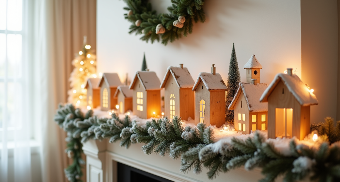 Wooden Christmas village with glowing buildings and snow-dusted roofs displayed on a fireplace mantel, flanked by evergreen