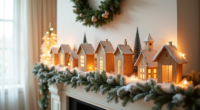 Wooden Christmas village with glowing buildings and snow-dusted roofs displayed on a fireplace mantel, flanked by evergreen