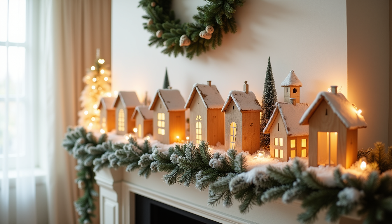 Wooden Christmas village with glowing buildings and snow-dusted roofs displayed on a fireplace mantel, flanked by evergreen