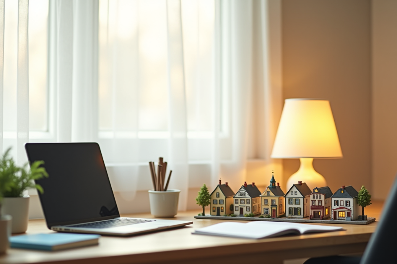 Six miniature village buildings and accessories arranged in a compact display on a desk corner next to a laptop.