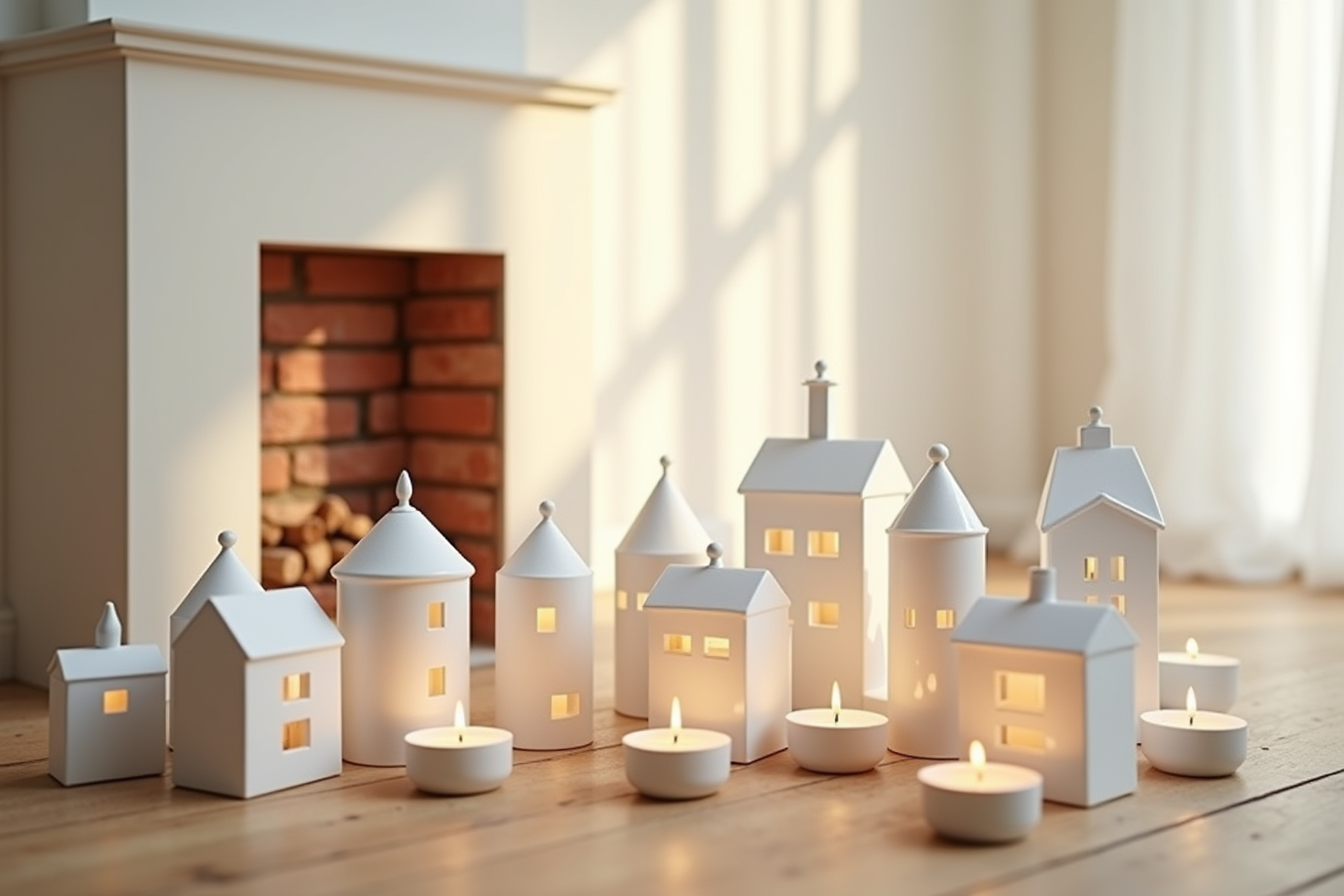 White porcelain village buildings lit by tea lights arranged on a wooden floor beside a brick fireplace hearth.