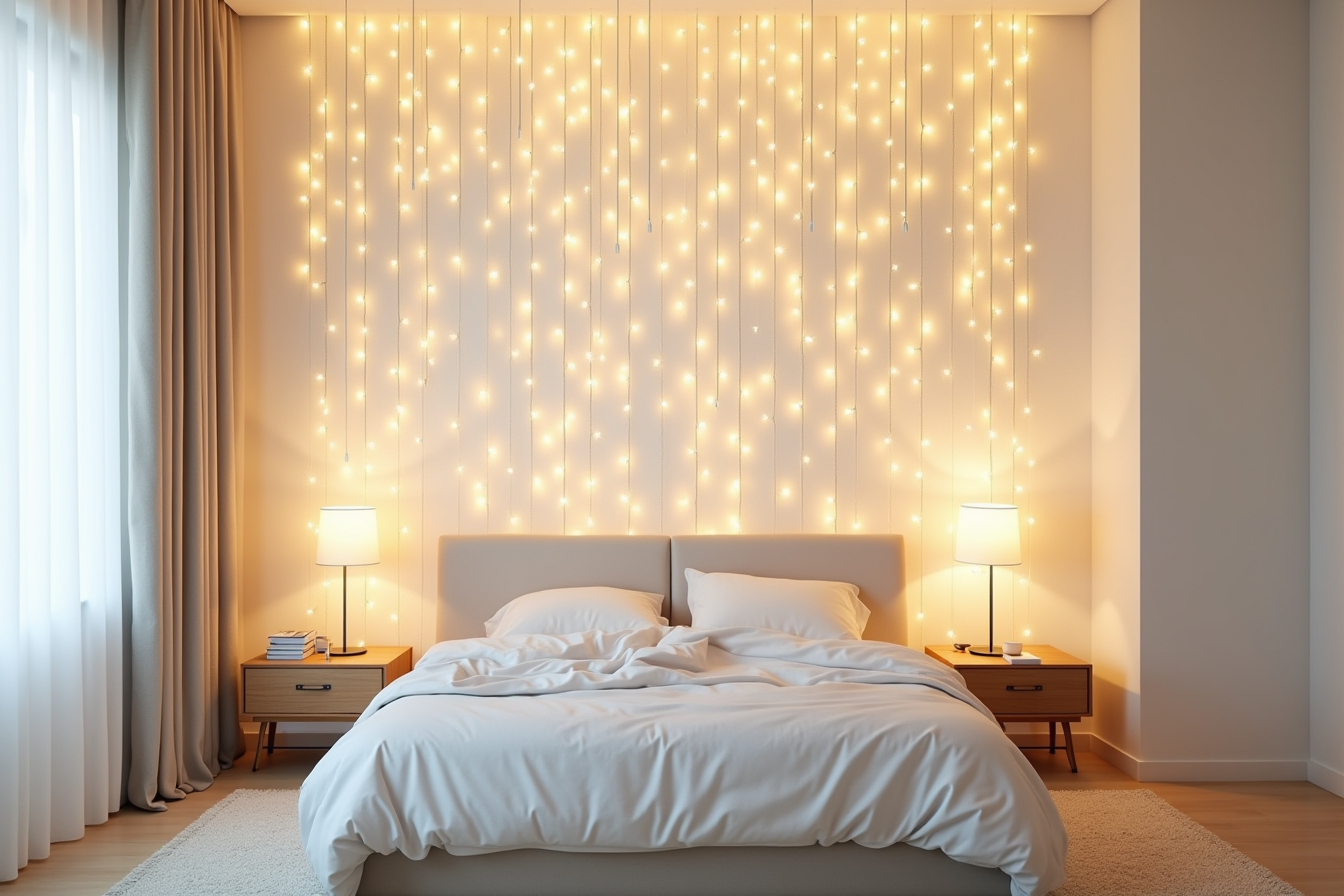 Warm-white curtain lights hang in vertical strands down a neutral wall creating a waterfall effect.