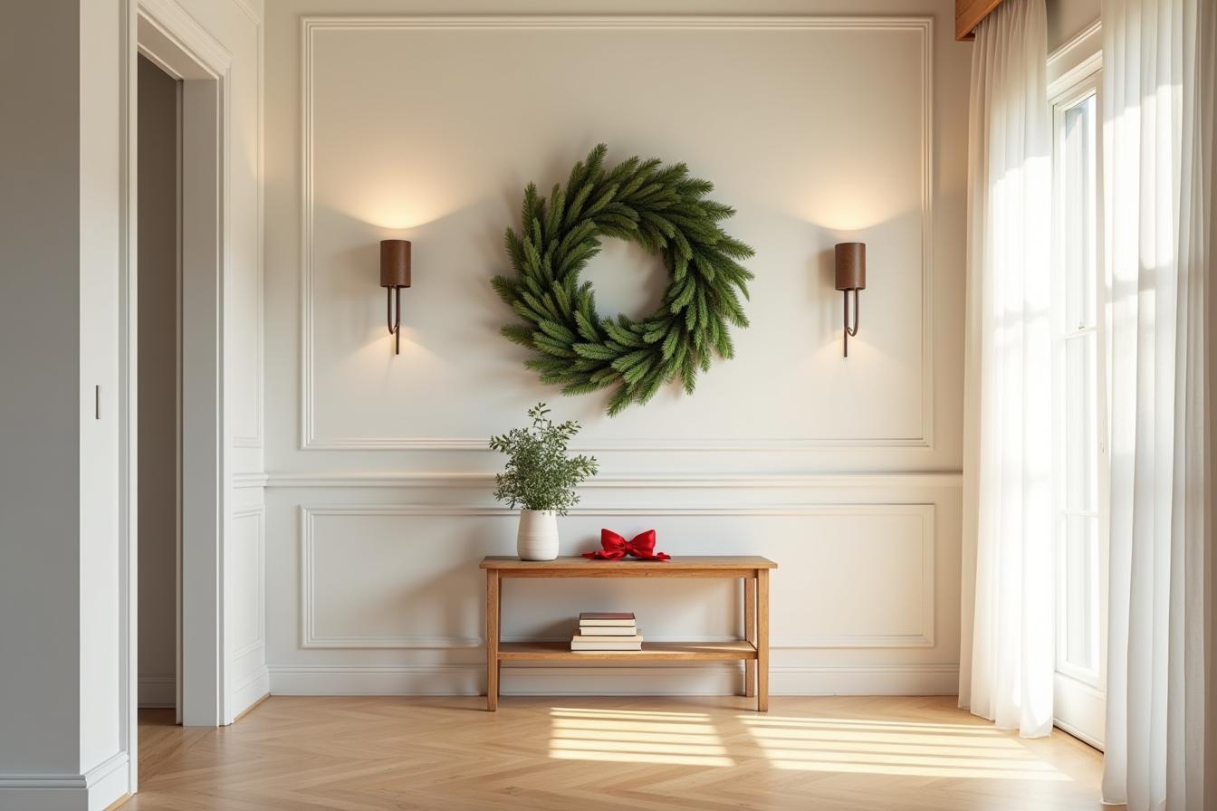 Large evergreen wreath with red ribbon bow hangs above a console table with a potted plant.