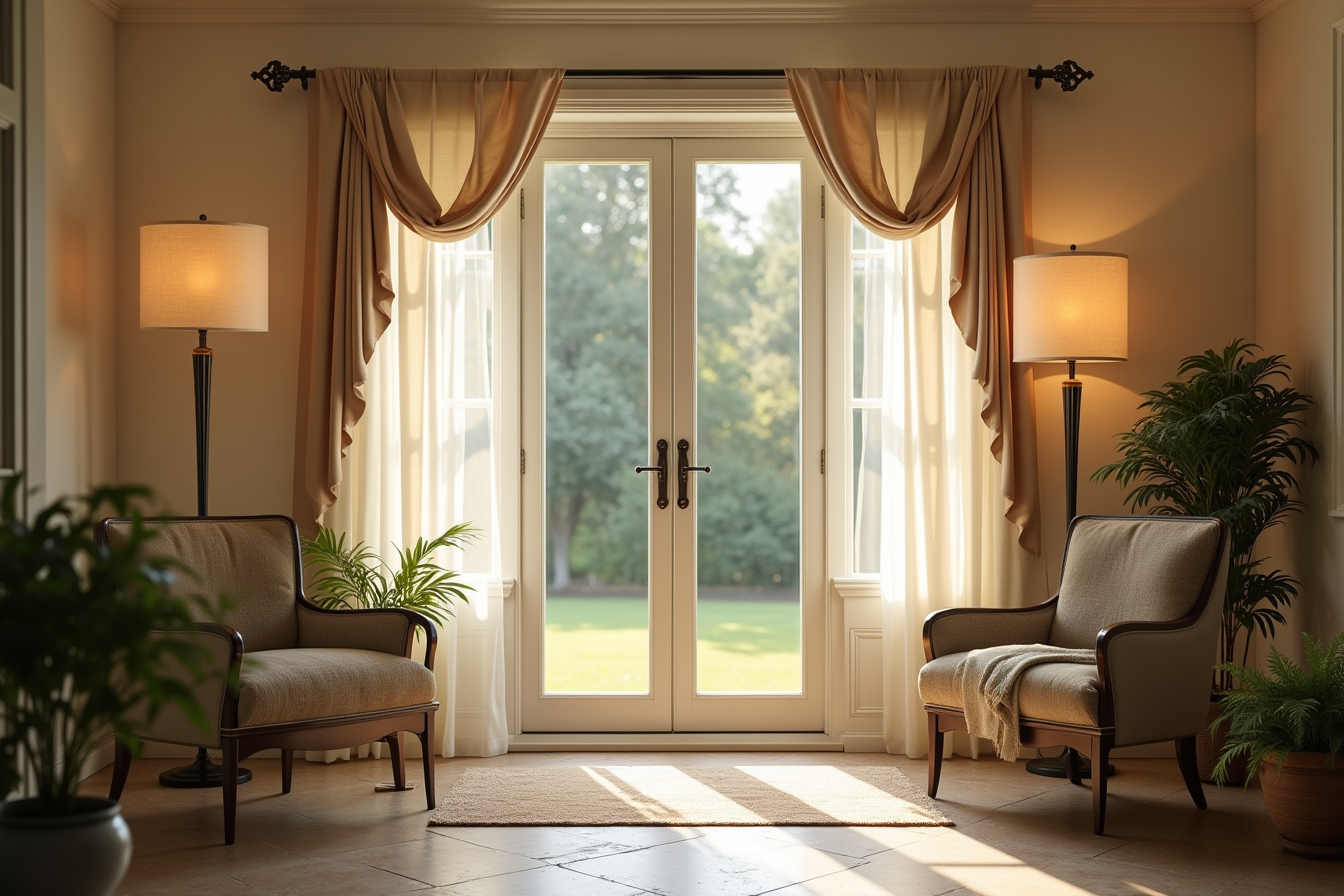Two fabric banners hang from the frame of a front door on a stone porch entrance.