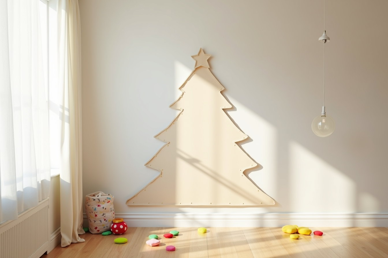 A felt Christmas tree outline with colorful felt ornaments scattered on a playroom wall and floor.