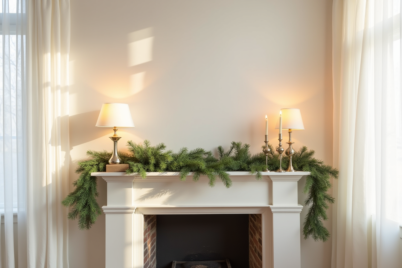 Soft green pine garlands frame a fireplace mantel decorated with candles and a decorative box.