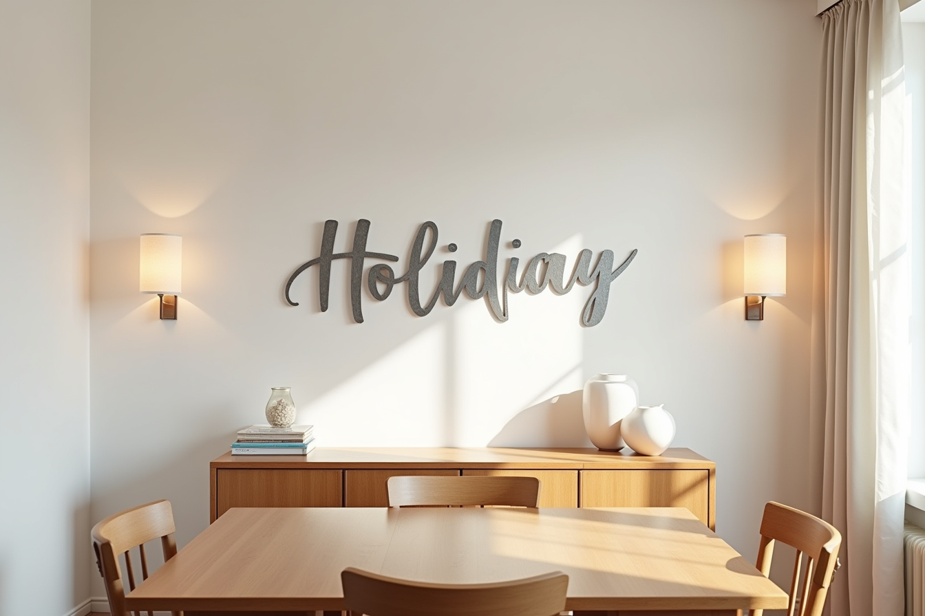 A metallic silver holiday message sign hangs above a buffet table flanked by two glass vases.