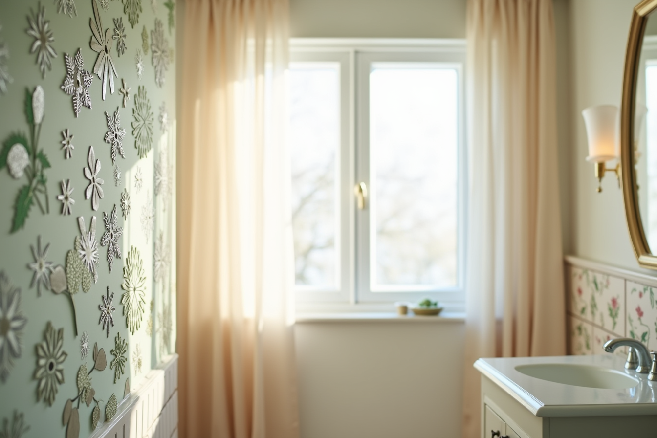 White and green vinyl snowflakes and holly shapes cover a bathroom mirror with light casting shadows.