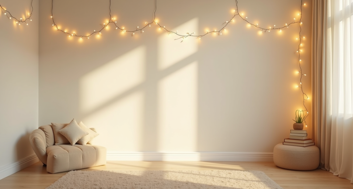 Warm string lights draped across cream wallpaper cast soft amber pools of light and shadows.