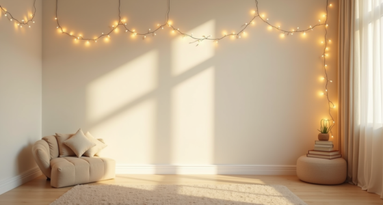Warm string lights draped across cream wallpaper cast soft amber pools of light and shadows.