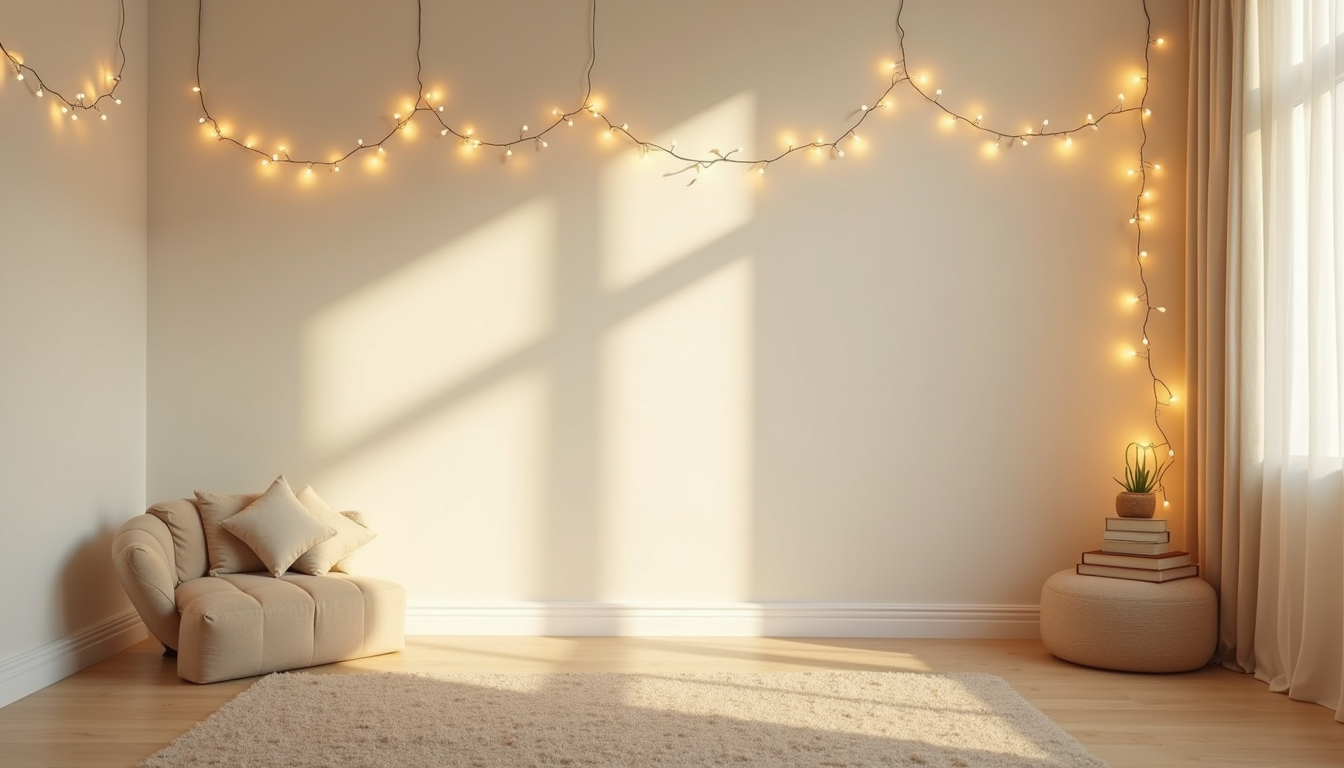 Warm string lights draped across cream wallpaper cast soft amber pools of light and shadows.