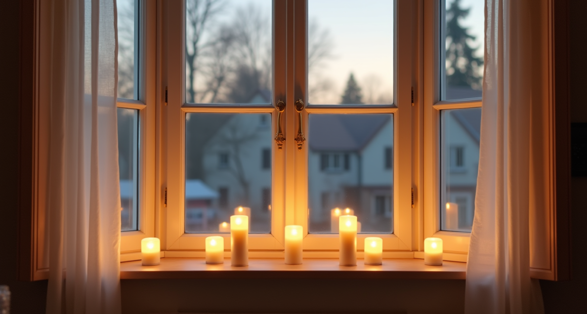 Multiple candle lights of different heights glow warmly across a bay window sill at dusk.