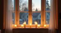 Multiple candle lights of different heights glow warmly across a bay window sill at dusk.